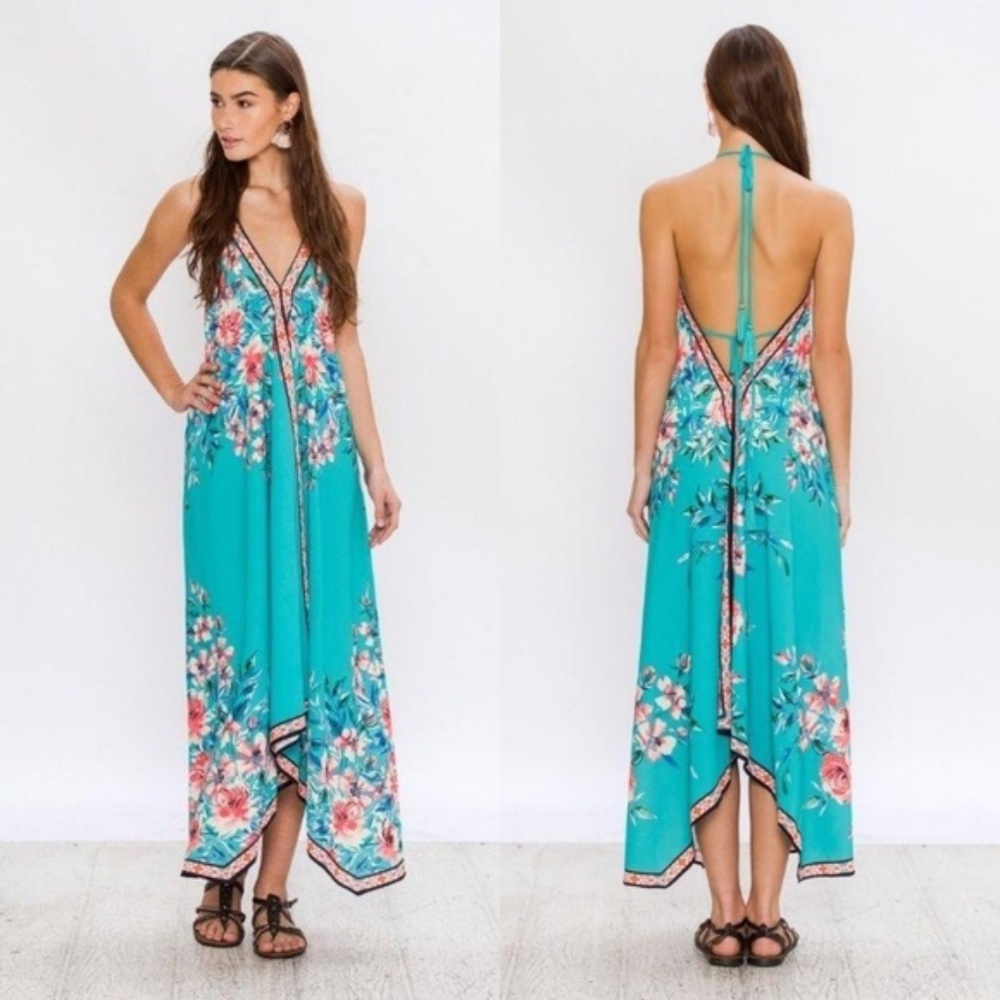 Floral Halter Maxi Dress in Blue and Pink, Size L - Picture 2 of 11